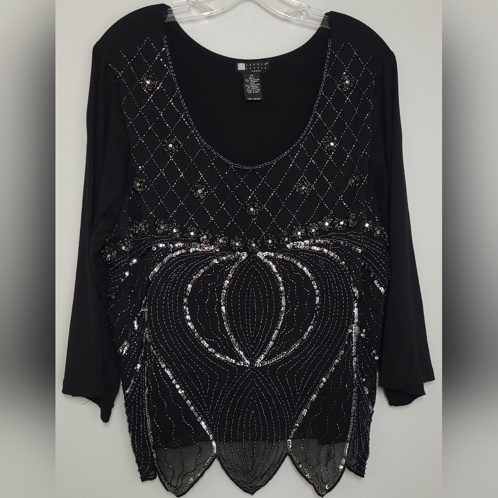 Carole Little Black With Grey Sequins and Bead Work Blouse 2X EUC